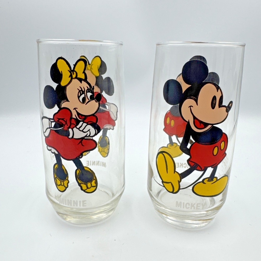 2 Vintage Disney‎ 1978 Mickey Mouse & Friends Glasses, Mickey & Minnie (Pepsi)